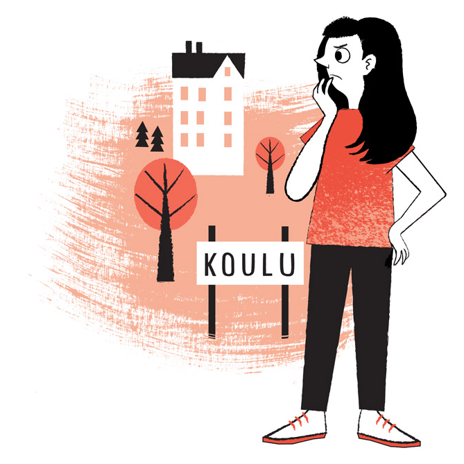 Mietteliään näköinen nuori koulun pihalla (piirroskuva)